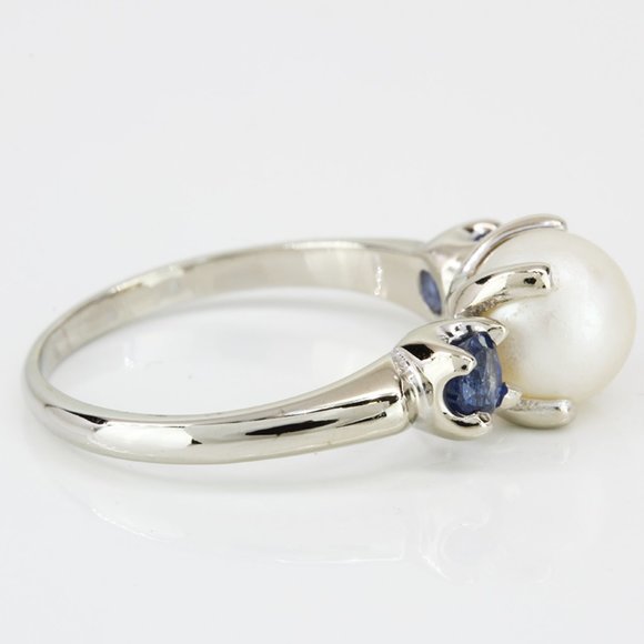 14k White Gold Cultured Pearl & Sapphire Cocktail /Anniversary Ring - Picture 3 of 6